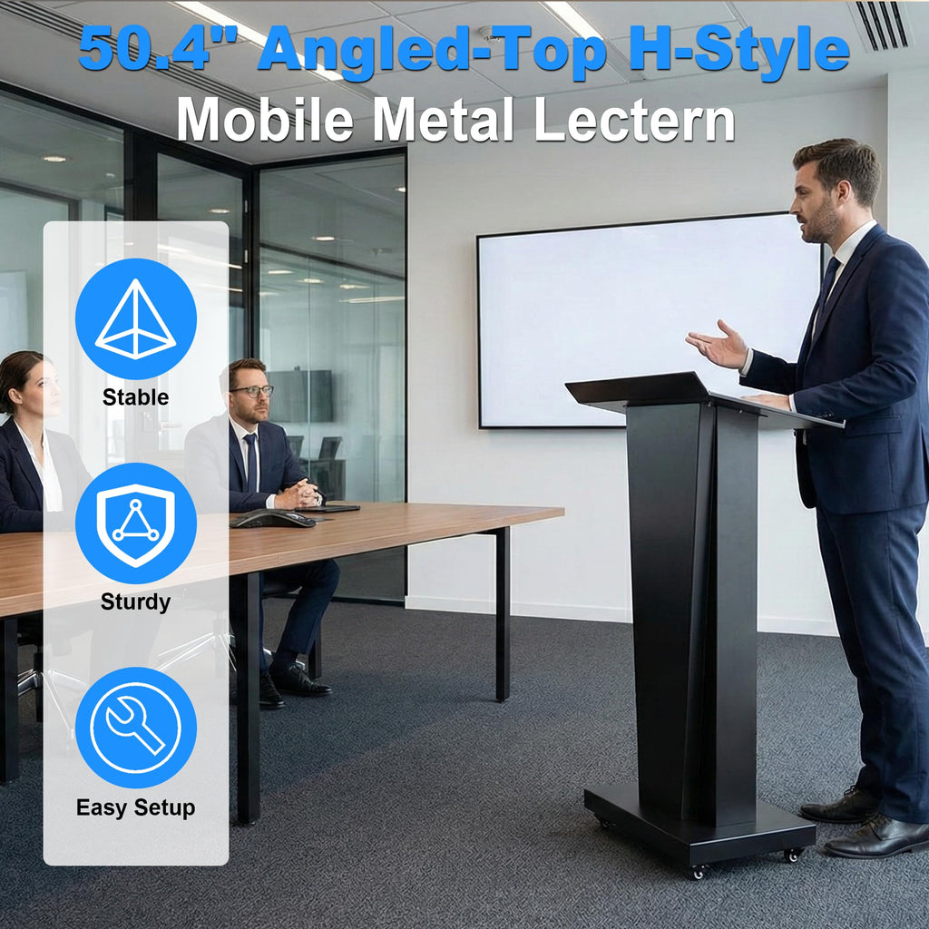 Metal Podium Stand with Wheels, 50.4"Heavy-Duty Mobile Metal Lectern with Storage Cabinets, Portable Pulpit for Church, School, Office and Conference