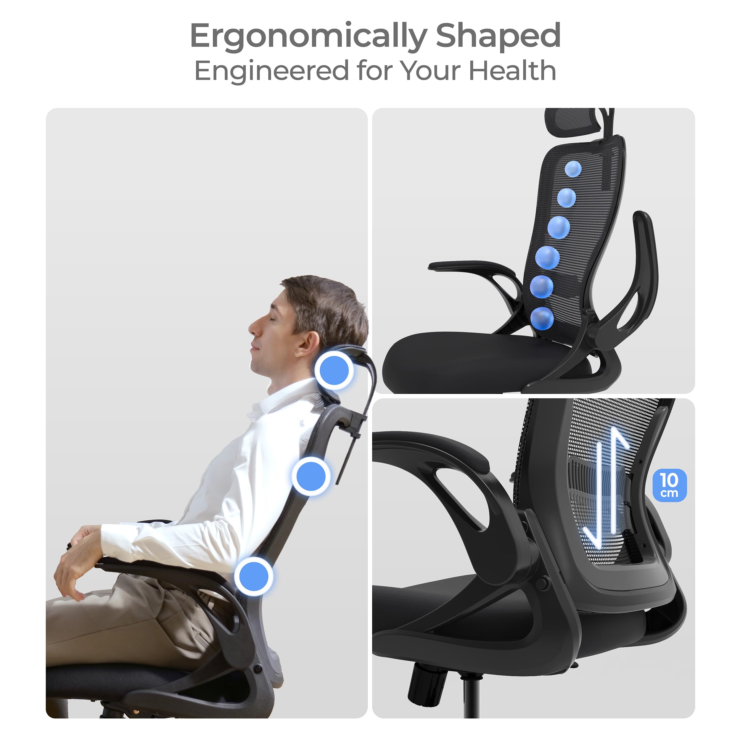 Model U | Folding Office Chair for Small Spaces | Gaming Chair for Adults & Kids | Ergonomic Mesh Computer Chair for Bedroom | Foldable Desk Chair for Home Work (Midnight Black Headrest)