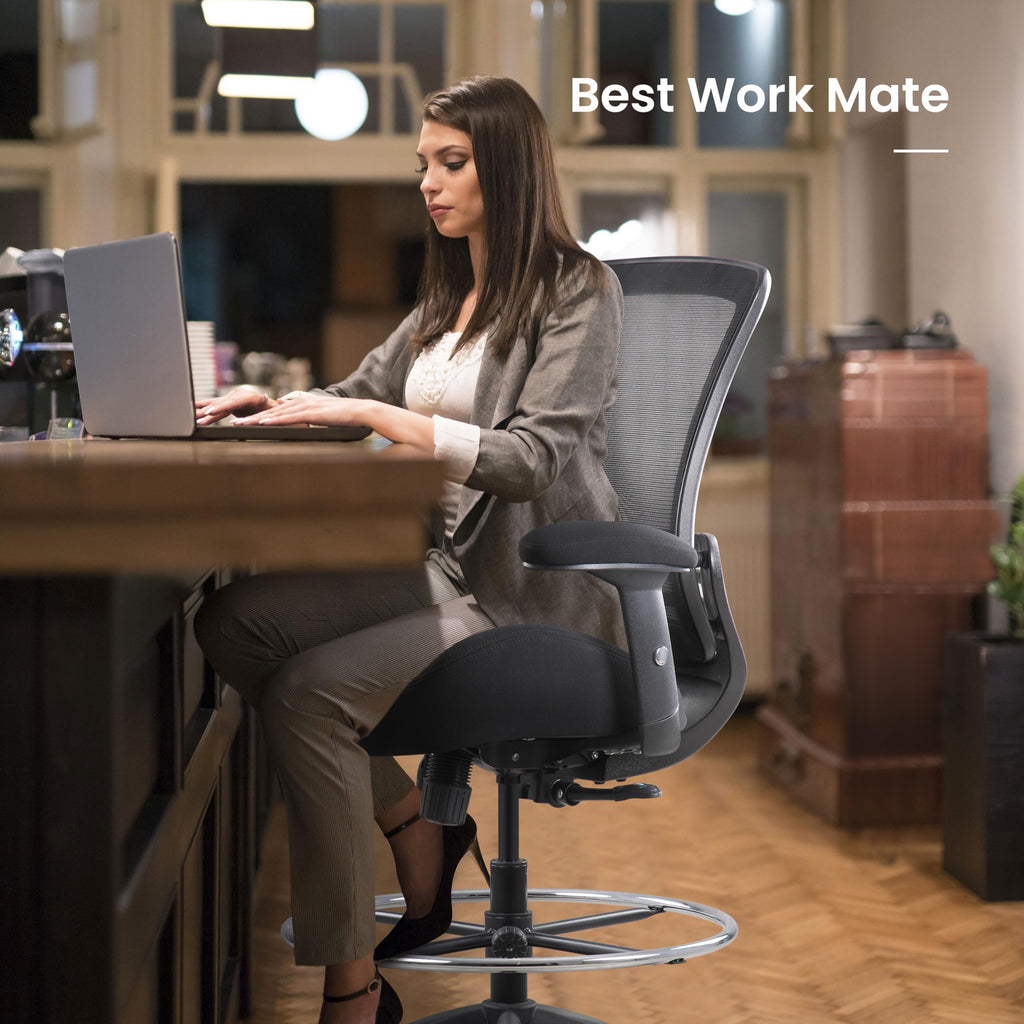 400lbs Mid Back Mesh Ergonomic Drafting Chair for Standing Desk Office Wide Chair Built-in Lumbar Support Big Adjustable Foot Ring Height Adjustable Armrest (Black)