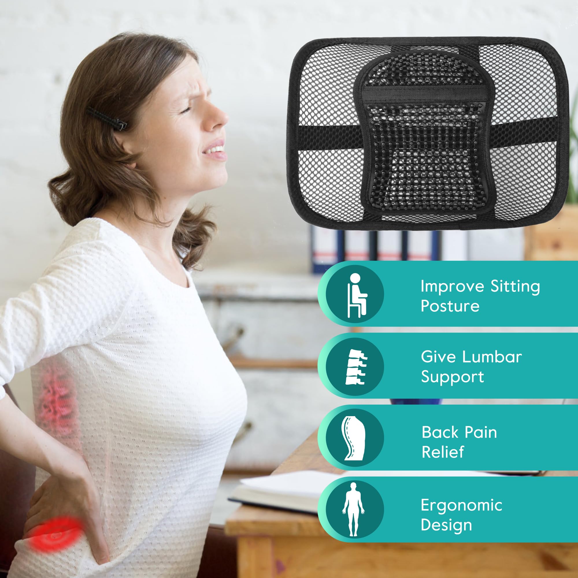 Mesh Back Lumbar Support, Back Support Seat Cushion with Breathable Mesh for Office Chairs Car 12” x 16”