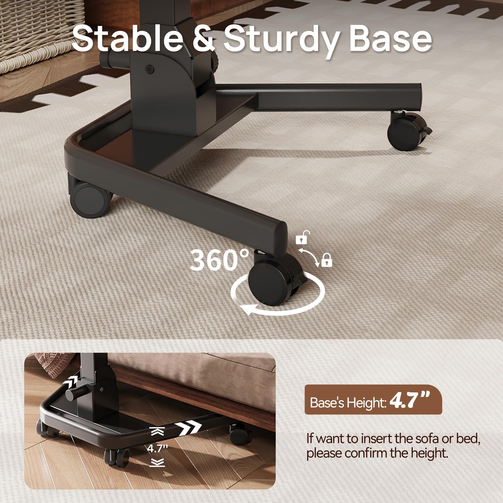 Foldable Mobile Standing Desk, Pneumatic Height Adjustable Rolling Sit Stand Desk, 90° Tiltable Portable Laptop Cart on Wheels, Mobile Desk Workstation for Home Office, Easy to Fold