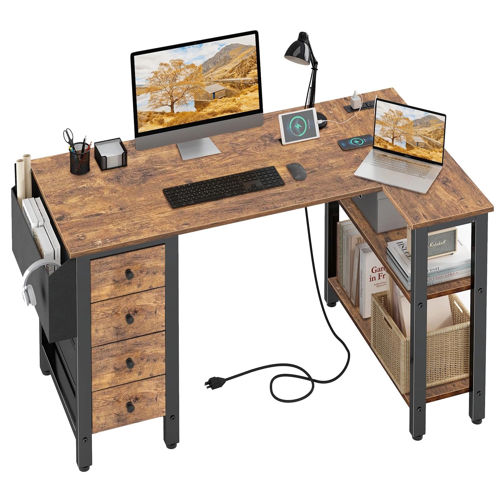 L Shaped Desk with Drawers & Storage Shelves, 47 Inch Small Reversible Corner Desk with Power Outlet for Home Office Bedroom, L-Shaped Gaming PC Computer Desks with Fabric Drawer, Rustic Brown