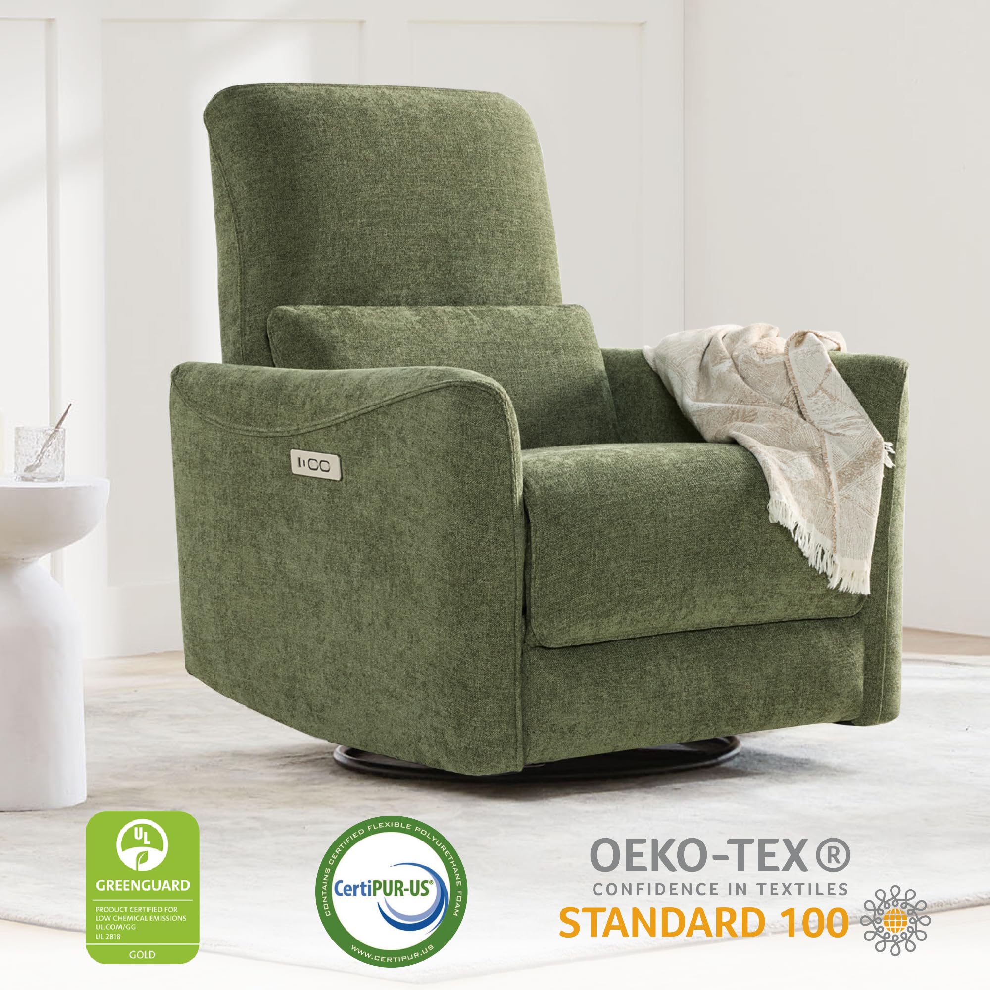 Power Recliner Chair Swivel Glider, FSC Certified Upholstered Living Room Nursery Reclining Sofa Chair with Lumbar Support, Green