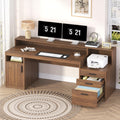 Computer Desk with 3 Drawers & Storage Shelves, 65 Inch Home Office Desk with File Drawer & Cabinet, Writing Study Desks with Monitor Stand & Printer Shelf, Executive Desk, Brown