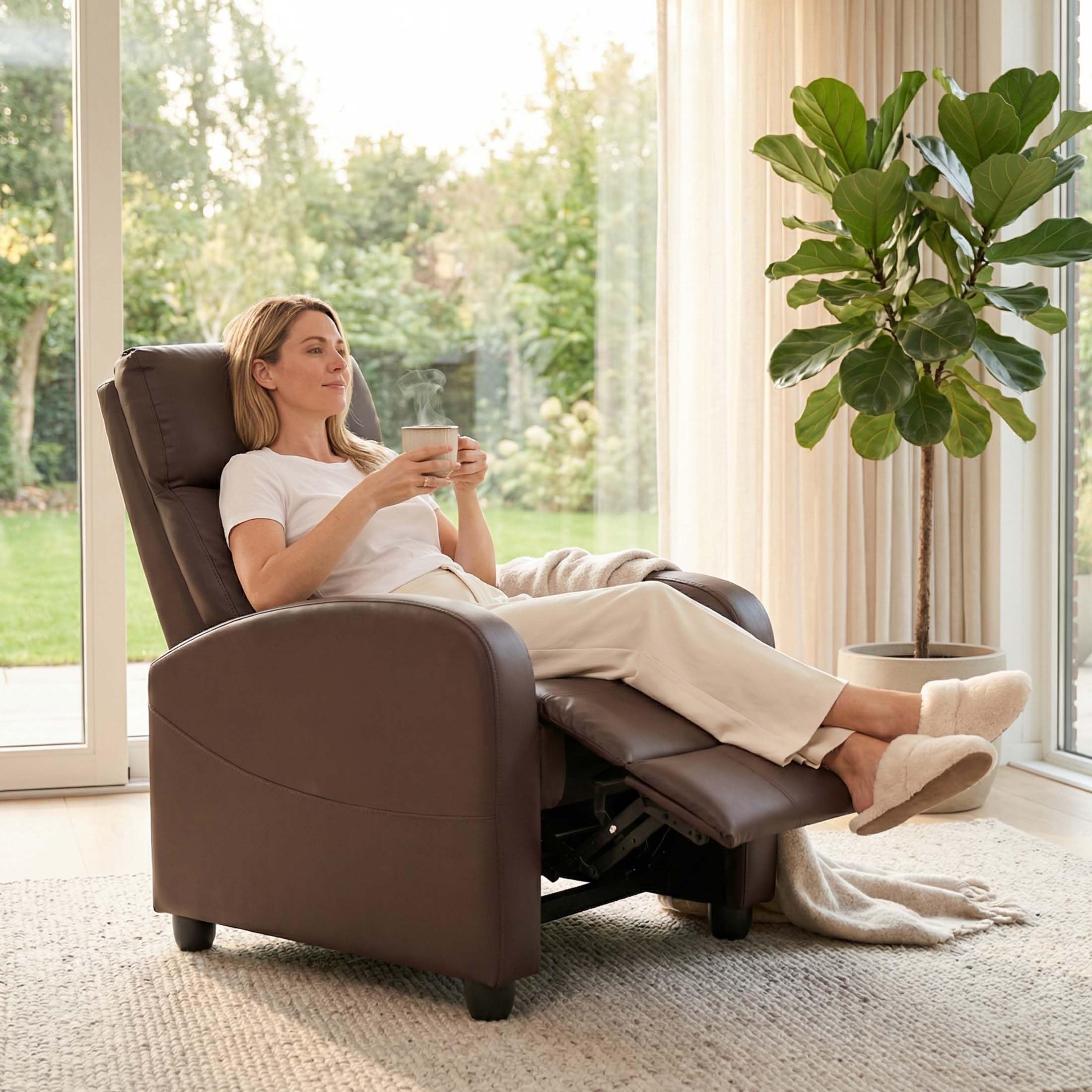 Massage Recliner Chair for Adults, Adjustable Home Theater Seating with Lumbar Support for Living Room, Modern Fabric Reclining for Small Space, Brown