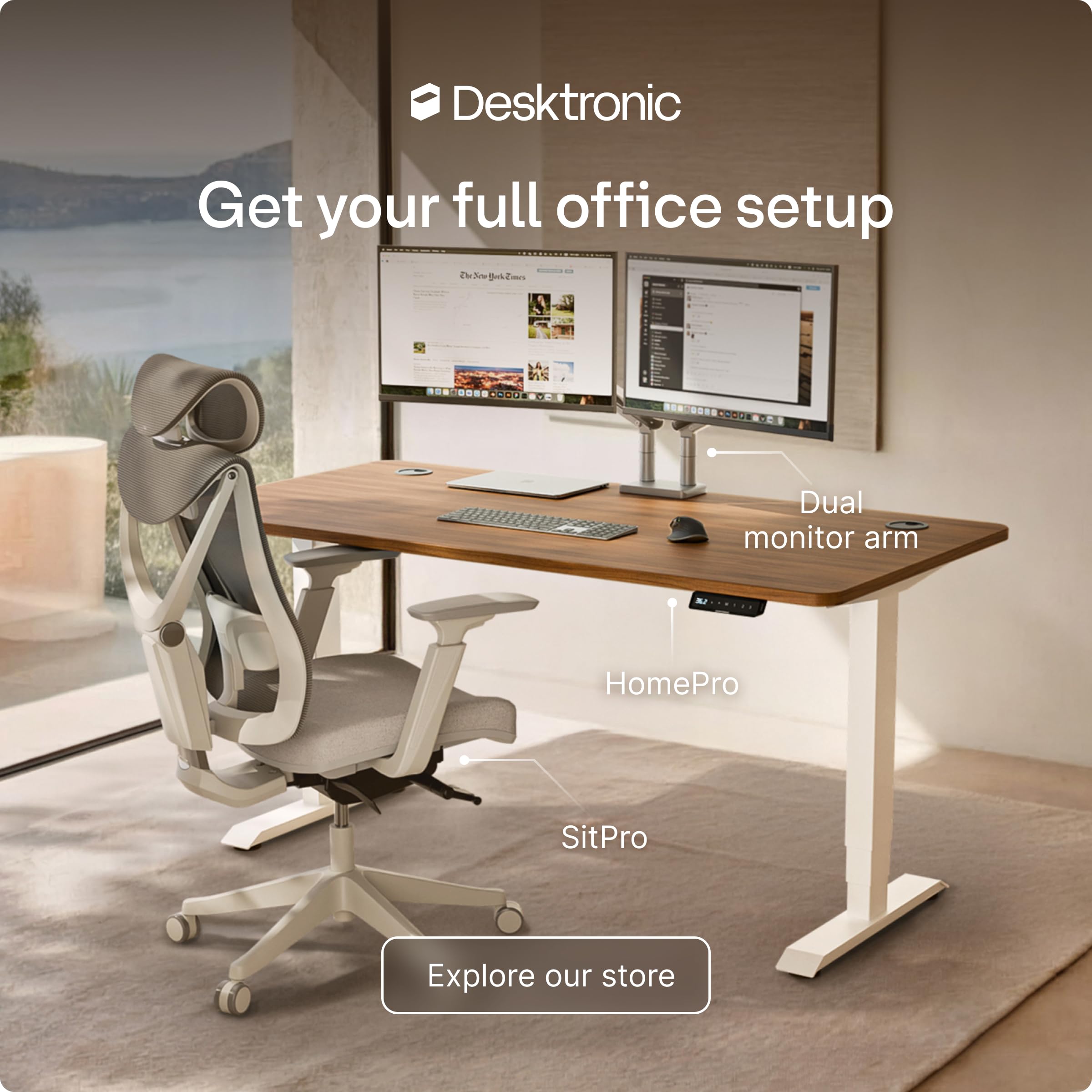 Standing Desk 48x24 — Made in Europe, Ergonomic Sit Stand Home Office Desk, Electric Height Adjustable, Dual Motor, USB & USB-C Charging, Wobble-Free, Touchscreen, 3 Memory Presets