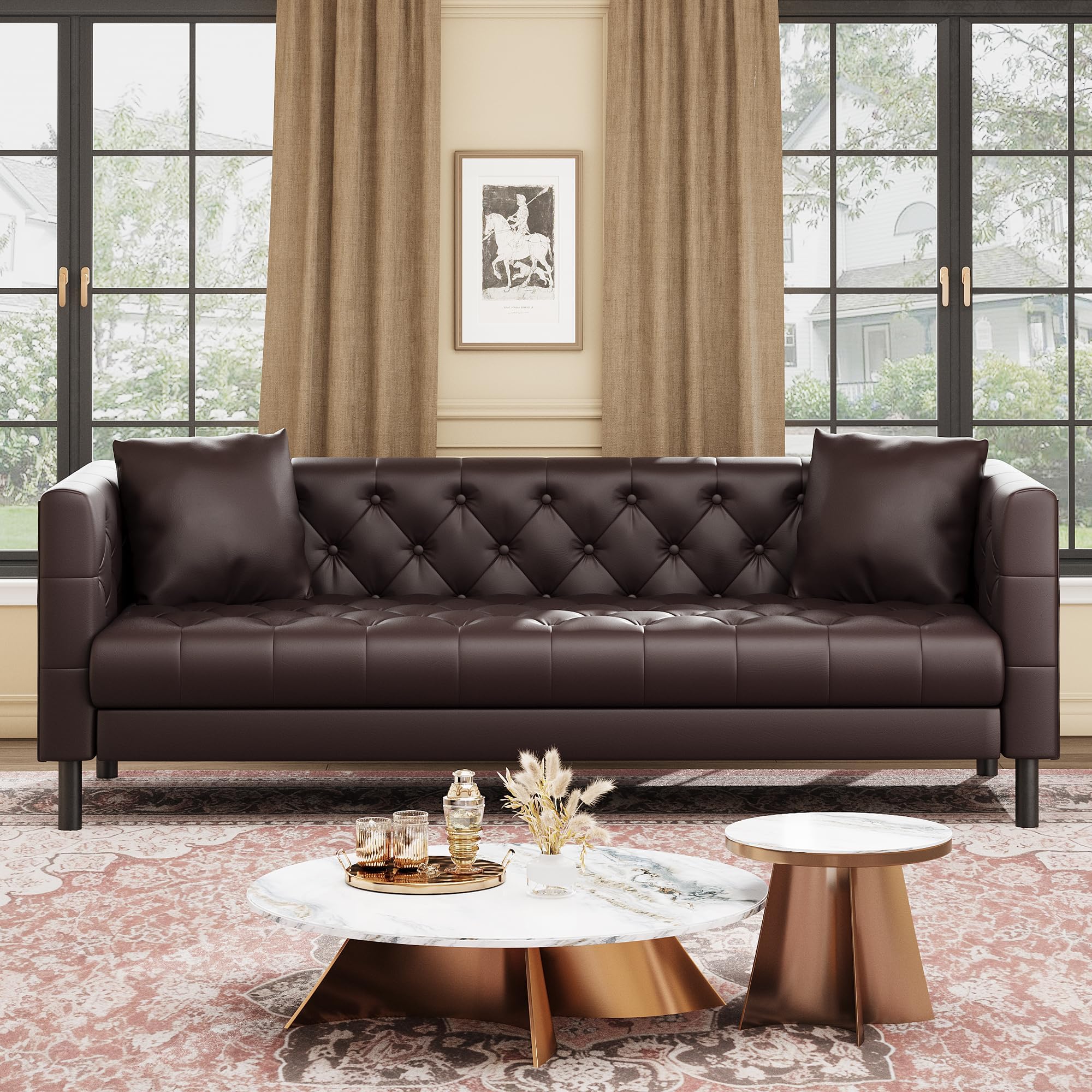 81 in Leather Couch, Modern Sofa Couch with Deep Seat and 2 Pillows, Handmade Button Tufted 3 Seater Sofa, Leather Sofa for Apartment, Office, Dark Brown
