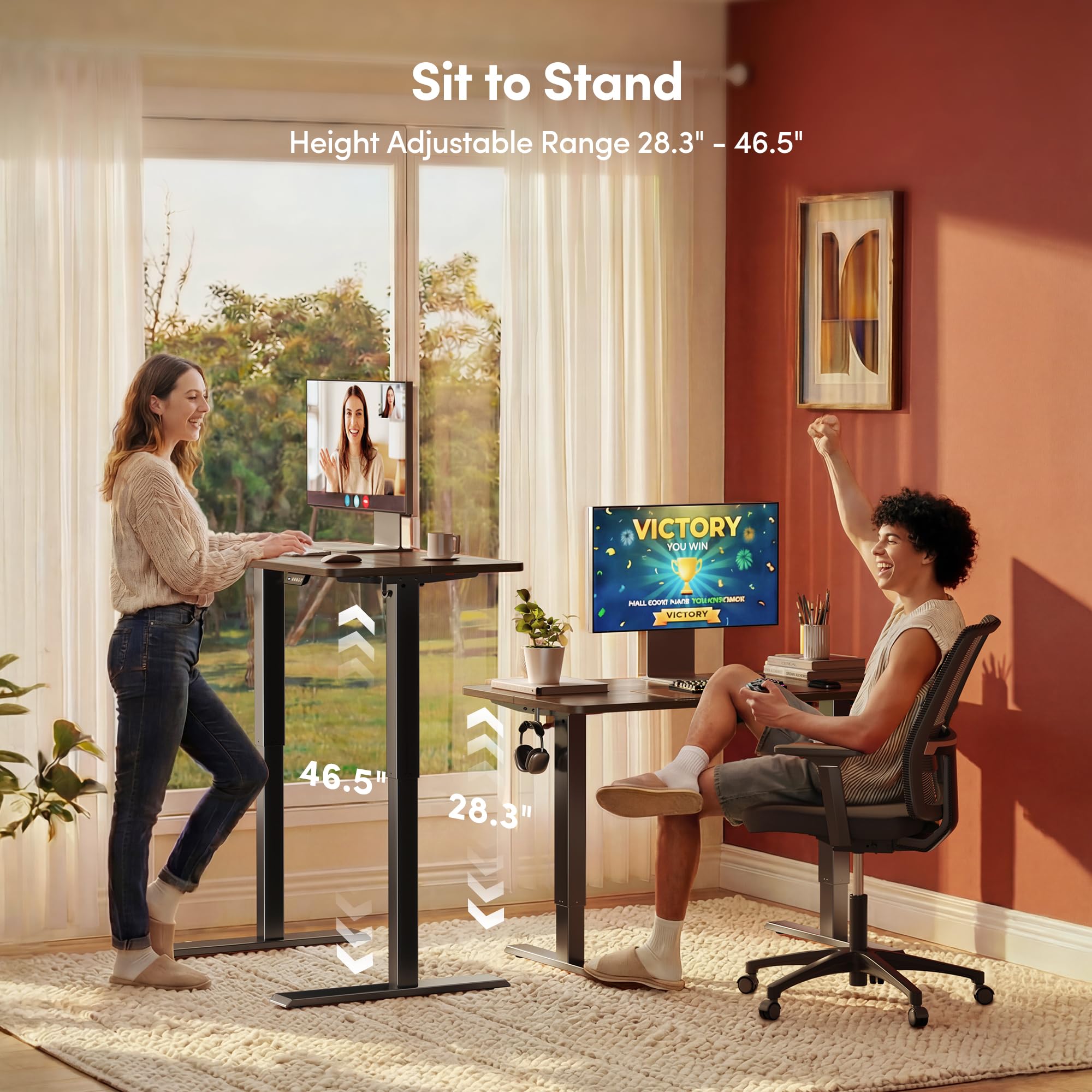 48 x 24 Inchs Electric Standing Desk, Height Adjustable, Sit Stand Up, Computer Office Desk with Splice Board, Black Frame/Black Walnut Top