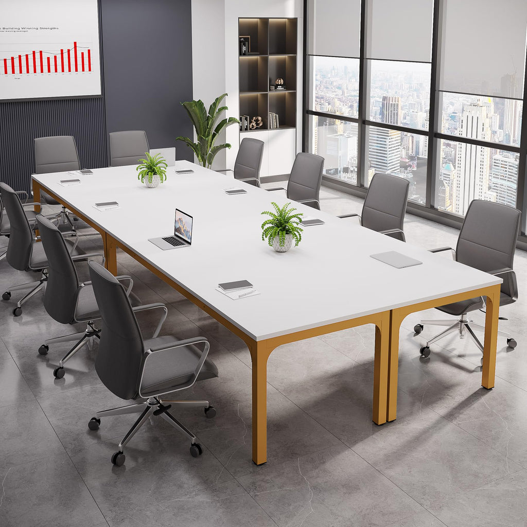 6.5 FT Conference Room Table, 78.74" W x 27.56" D Large Office Conference Table, Modern Seminar Meeting Table Desk for Boardroom, Meeting Room (2, White and Gold)