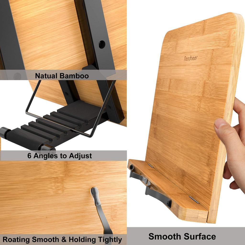 Bamboo Book Stand, Large Book Holder with 6 Adjustable Height, Foldable Cookbook Stand Desktop Document Holder for Kitchen & Office (13.4 x 9.3 Inch)