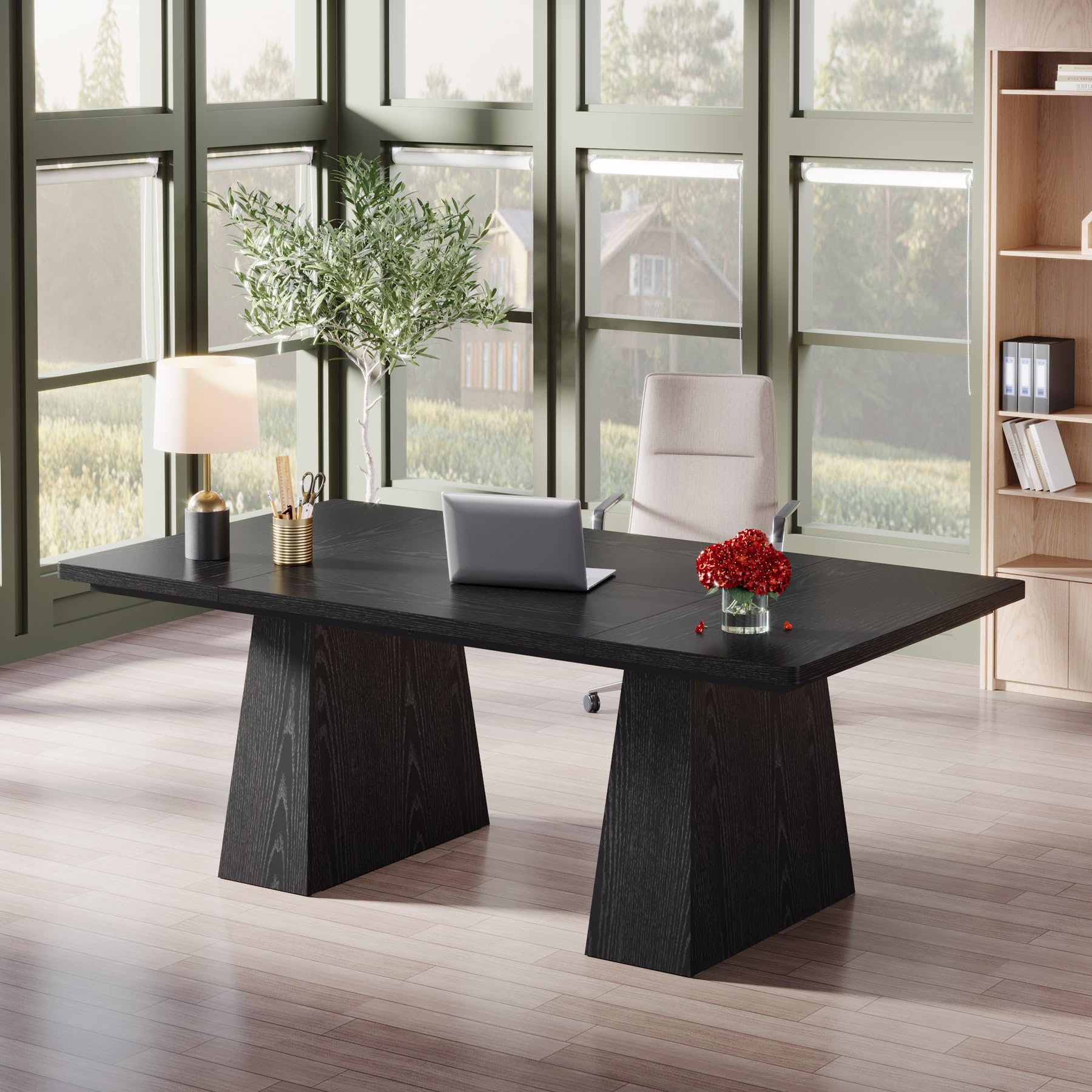 63-Inch Executive Desk, Large Office Computer Desk with Double Pedestal, Modern Simple Workstations Writing Table Conference Table Business Furniture for Home Office, Black