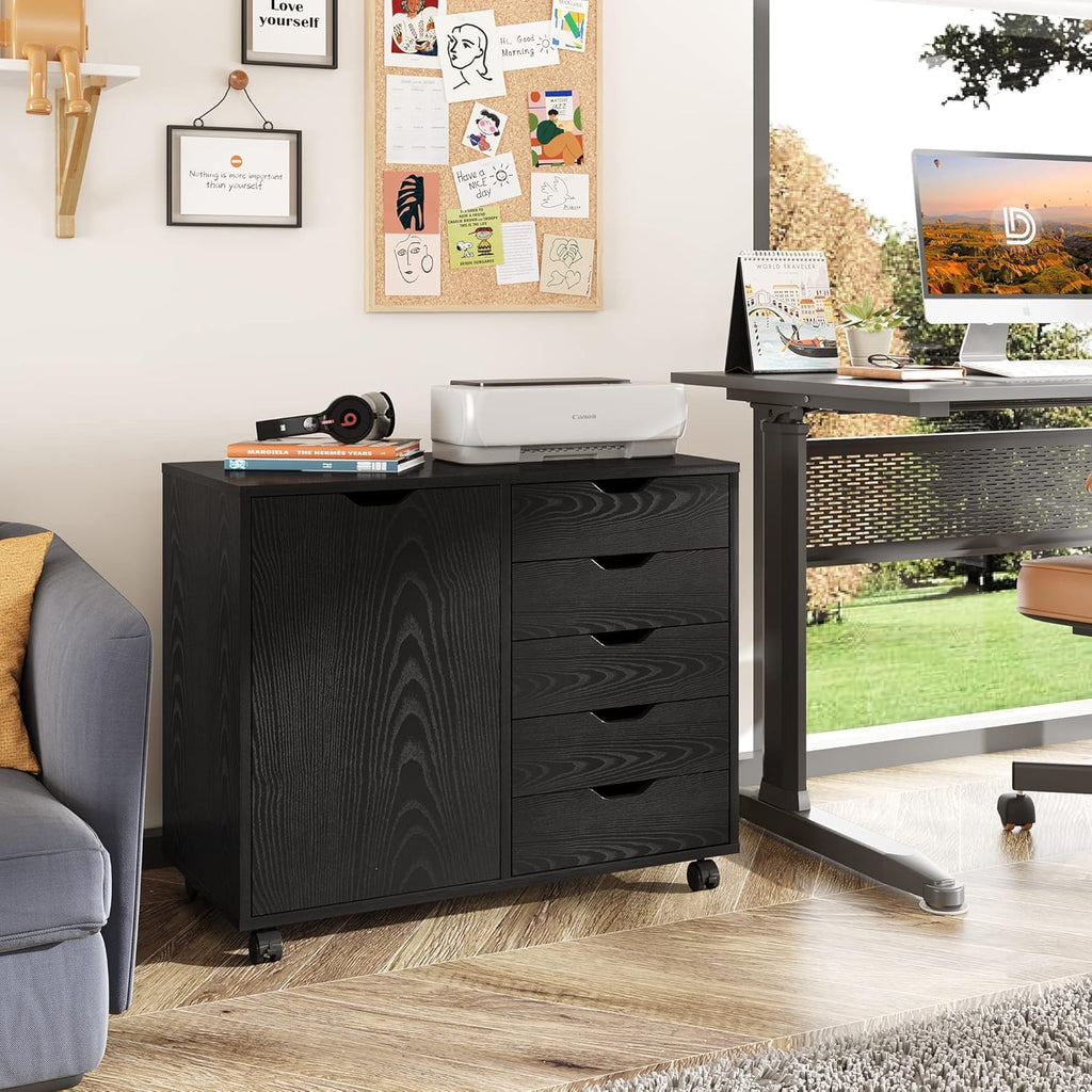 5-Drawer Wood Drawer Cabinet, Office Storage Cabinet with Adjustable Shelf & Wheels, Printer Stand for Home Office, Black, 15.7" D x 30.7" W x 25.4" H