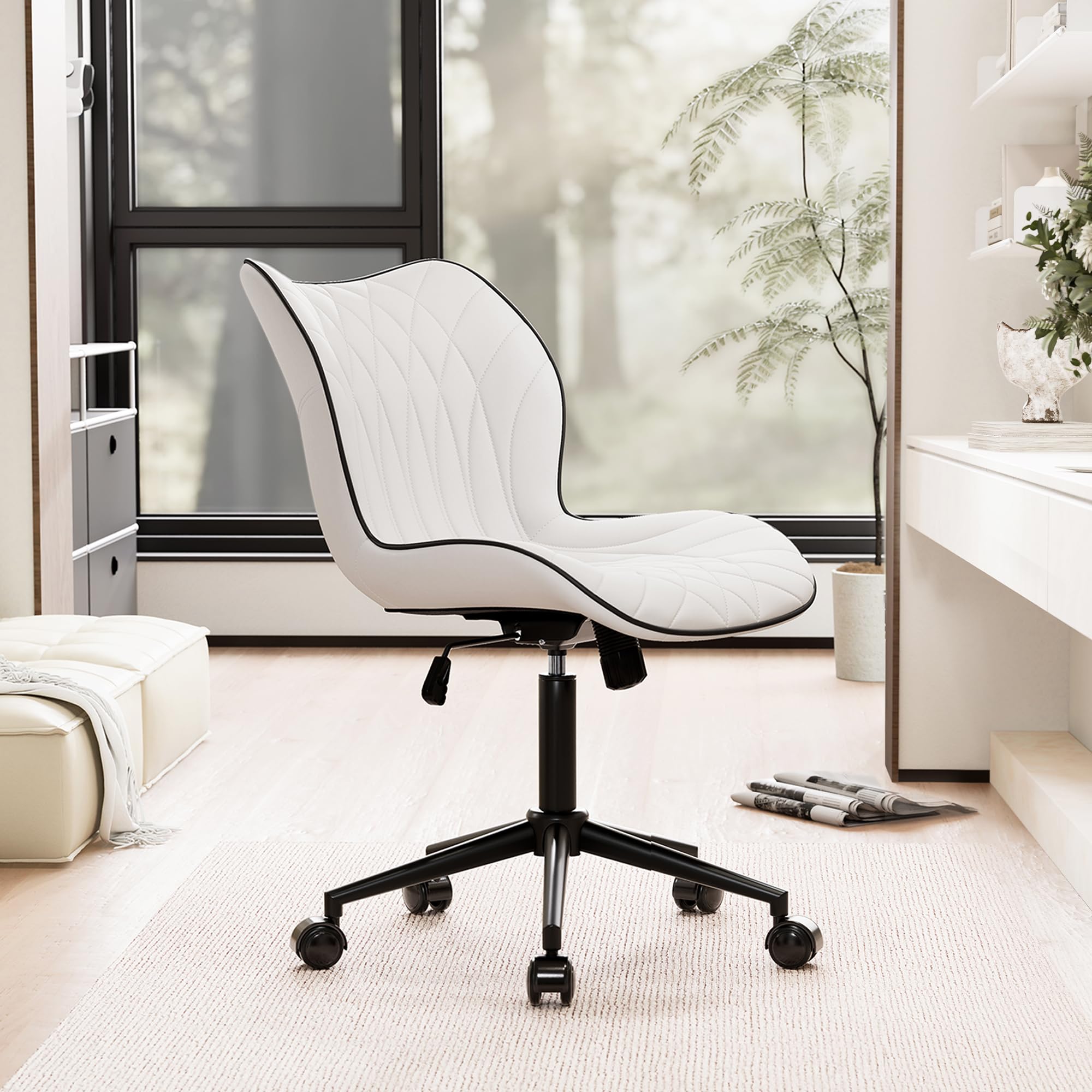 Armless Desk Chair Comfy Office Chair with Wheels Home Ergonomic Task Chair Adjustable Computer Chairs Modern Faux Leather Swivel Chair Upholstered Makeup Vanity Chair with Back(White)
