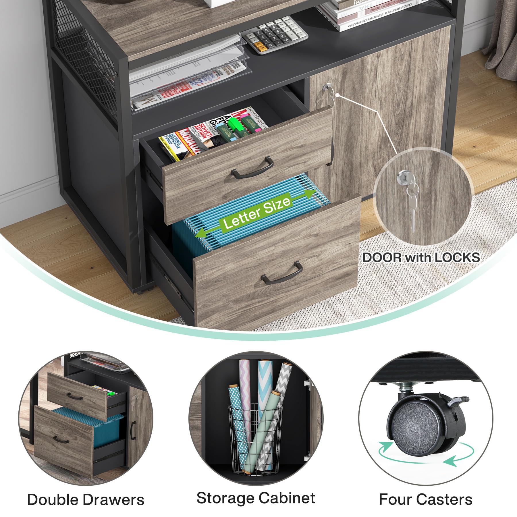 55" L Shaped Computer Desk and lateral File Cabinet with Locks, 2 Piece Home Office Furniture Set for Hanging