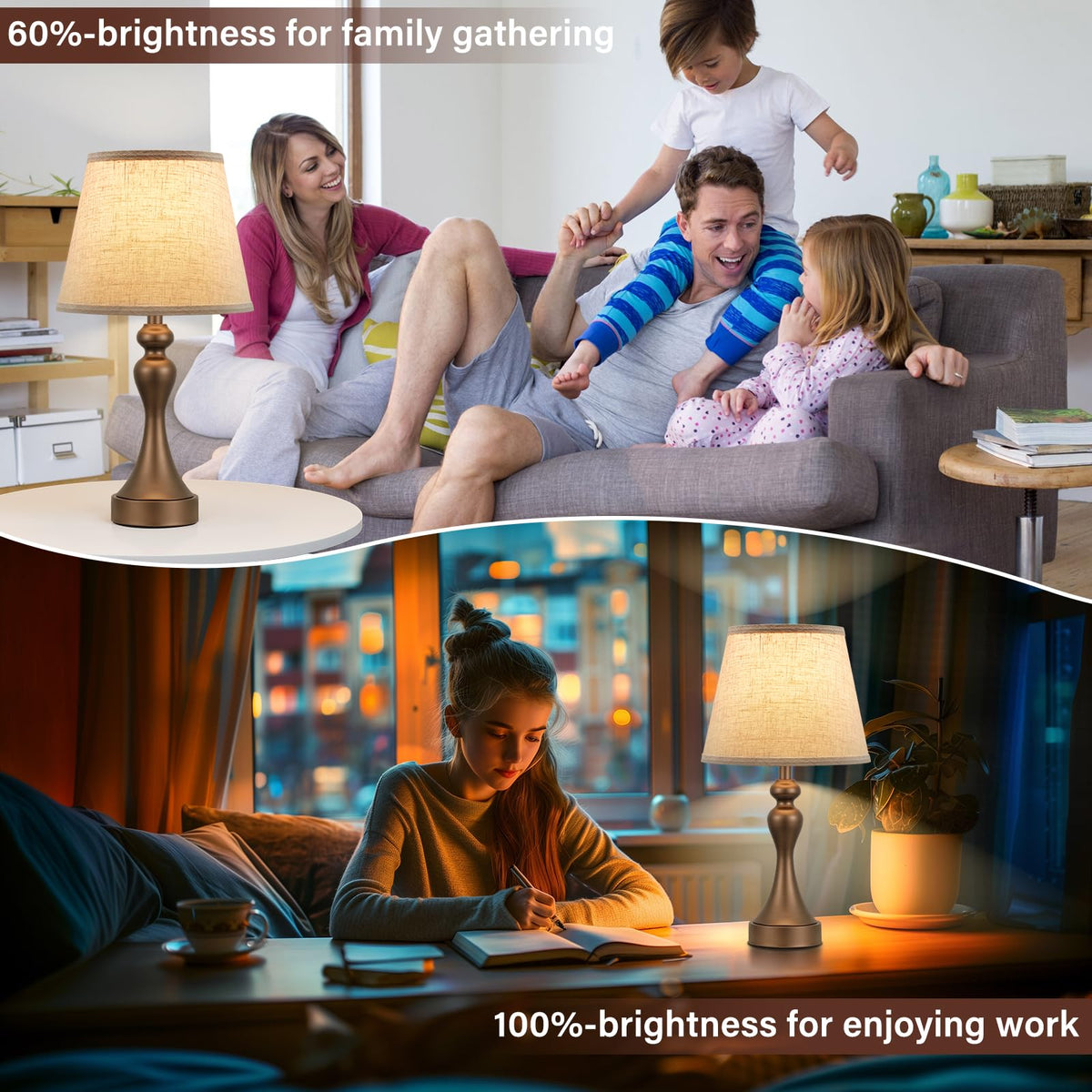 Touch Lamps for Nightstand, 3 Way Dimmable Bedside Lamps with USB C+A Ports