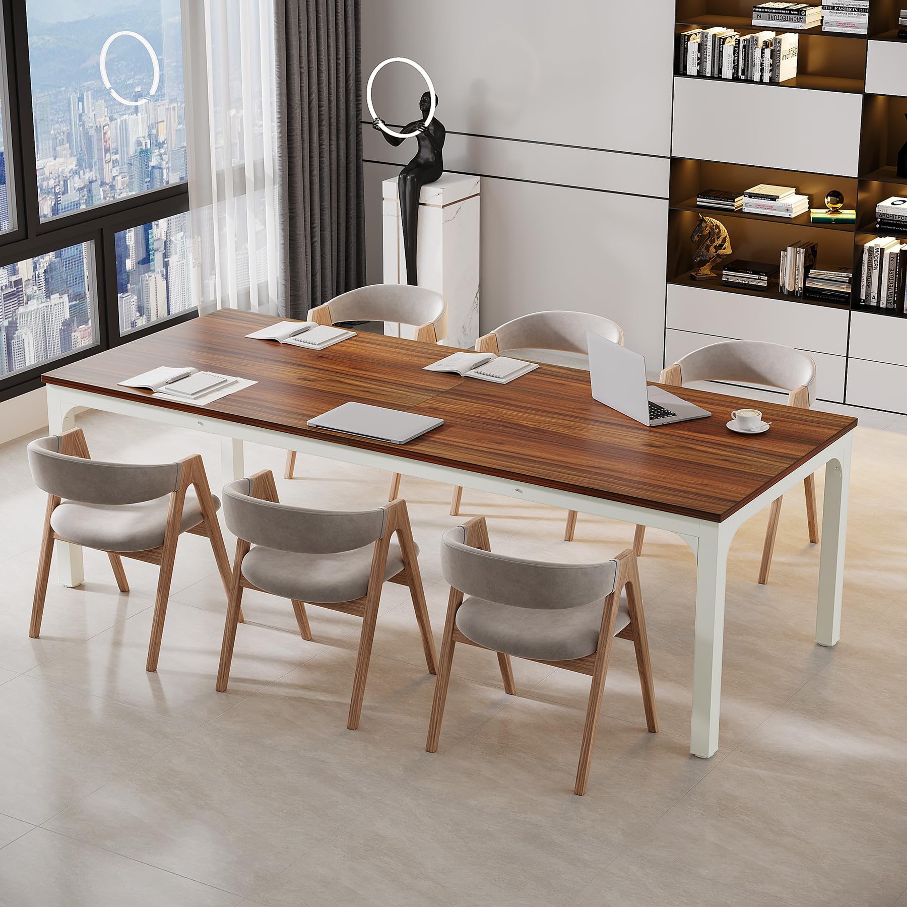 6.5 FT Conference Room Table, 78.74" W x 27.56" D Large Office Conference Table, Modern Seminar Meeting Table Desk for Boardroom, Meeting Room (1, Brown and White)