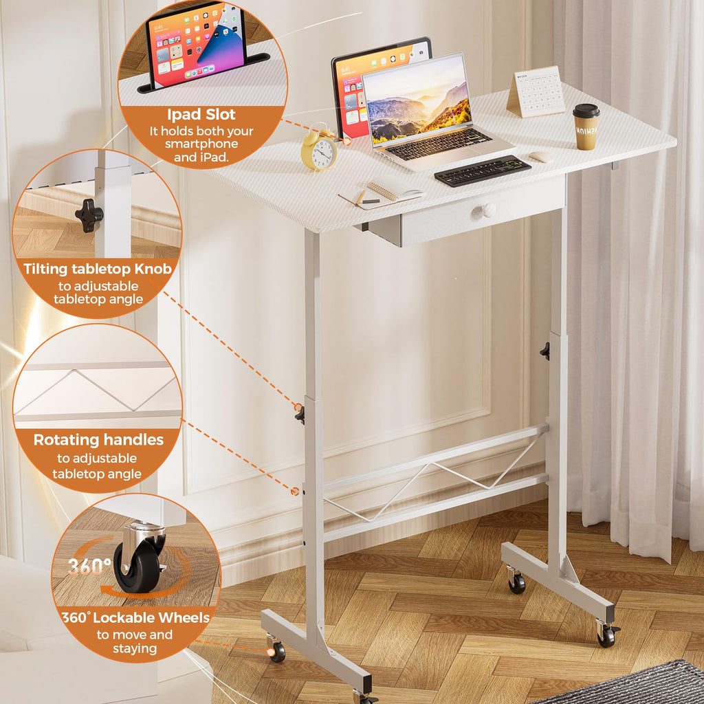 Portable Standing Desk Adjustable Height 30.7"-46.4", Standing Desk with Drawers, Mobile Rolling Computer Desk for Home Office Work and Walking Pad Treadmill, Carbon Fiber White