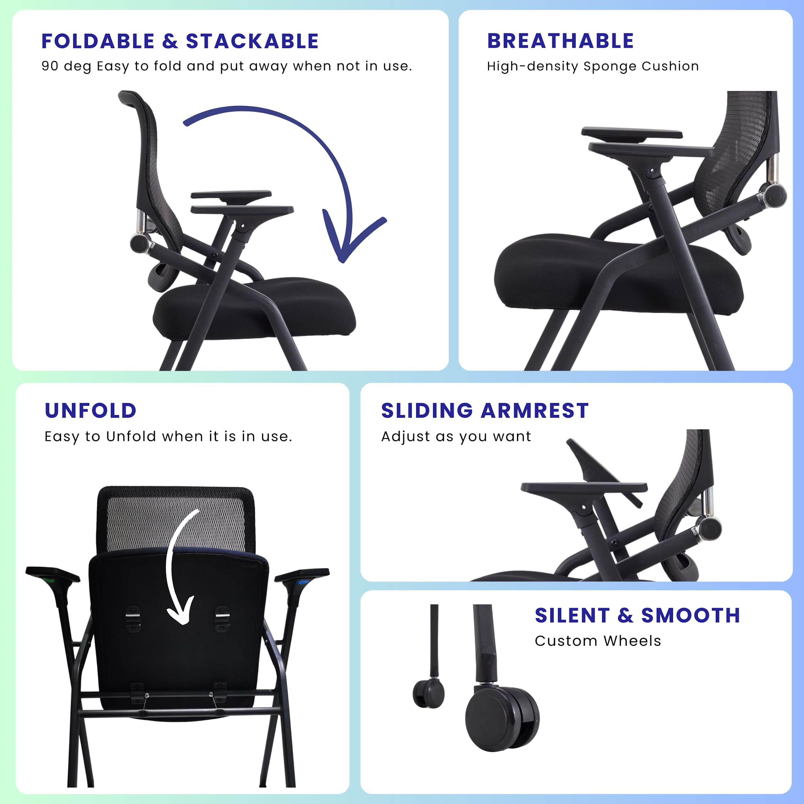 Stackable & Foldable Conference Room Chairs with 2X Thick Cushion, Lumbar Support, Armrest - Mesh Bouncing Back for Office Meeting, Conference, Training Room Chair 1 Pack