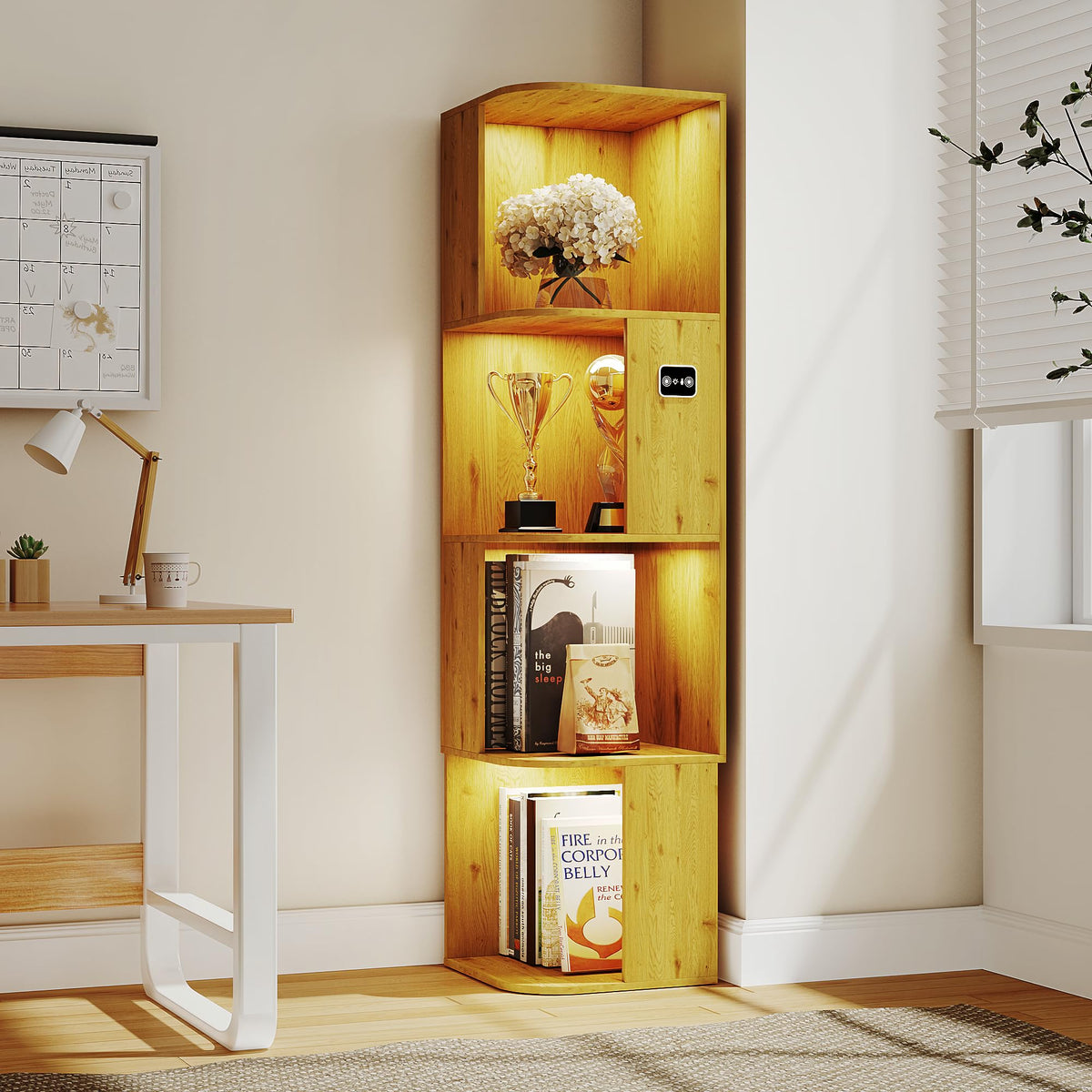 Corner Bookcase with 4 Shelves and 3-Color LED Sensor Lights - Wood