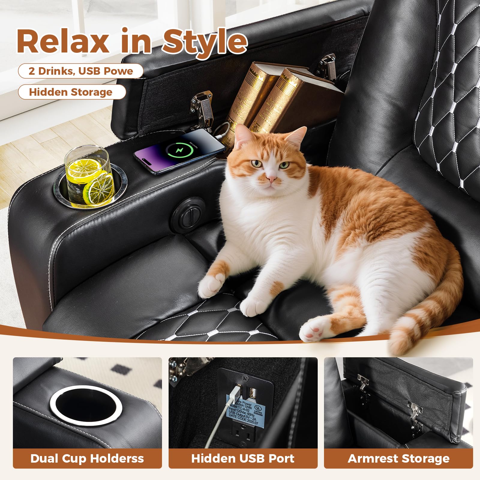 Power Recliner Chair Set of 7, Electric Soft Faux Leather Reclining Home Theater Seating - USB Ports, Cup Holders, Hidden Arm Storage Movie & Media Room Chairs (Black)