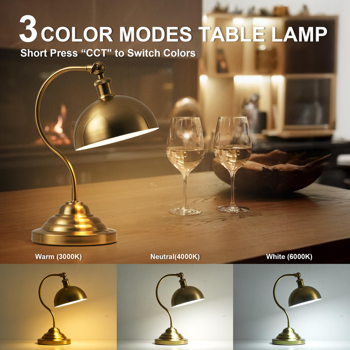 Cordless Table Lamp, Battery Operated Vintage Desk Light, Brass