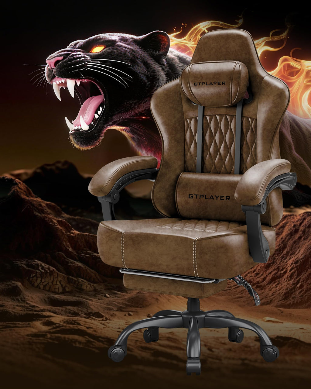 Big and Tall Gaming Chair with Footrest, Ergonomic Office Desk Chair with 4.4in Thick Cushion and Wide Wingless Seat, Comfortable Leather Computer Chair, Predator Series, Rustic Brown