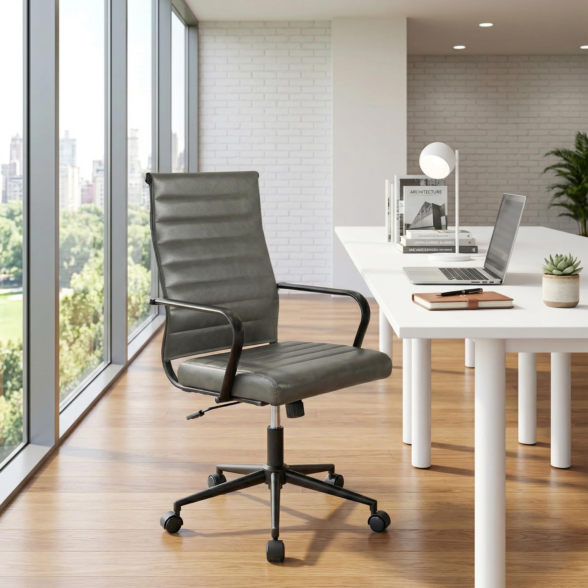 Genuine Leather Office Desk Chair, Mid-Century Modern Real Leather Conference Room Chairs, Ergonomic Executive Ribbed Height Adjustable Swivel Rolling Chair for Home Office.