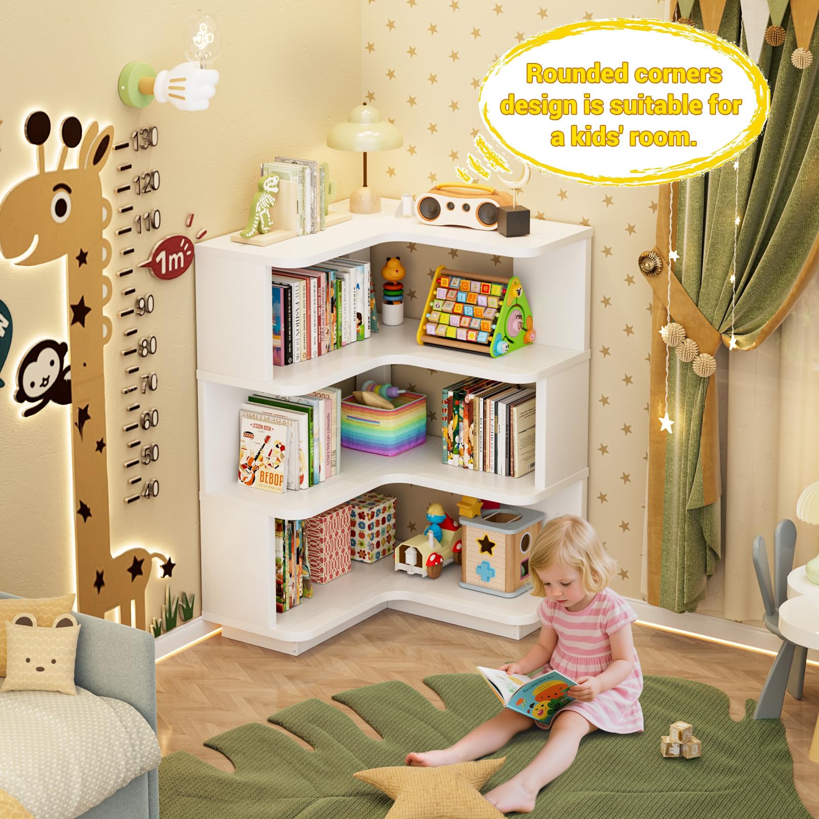 Corner Book Shelf, 4-Shelf L Shaped Corner Bookshelf with Baffle