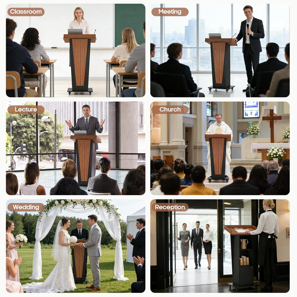 15° Tilted Podium Stand with Storage & Lockable Wheels, Wooden Lectern with Adjustable Shelf, Mobile Portable Pulpit for Classroom, Church, Office (Black Brown)