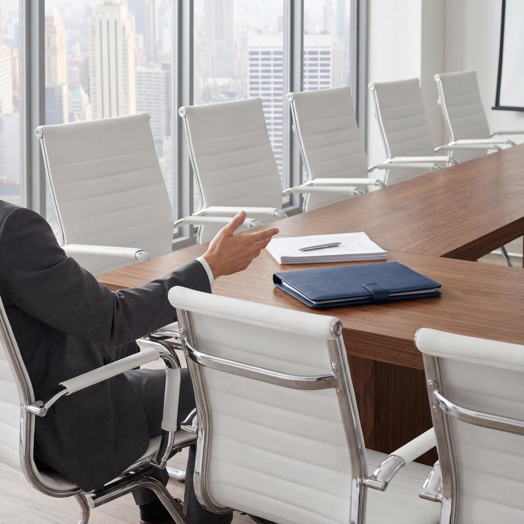 Conference Room Chairs Set of 6, Waiting Room Chairs with Arms, Faux Leather Reception Chairs No Wheels, Office Guest Chairs with Mid Back Support and Chrome Sled Base, White