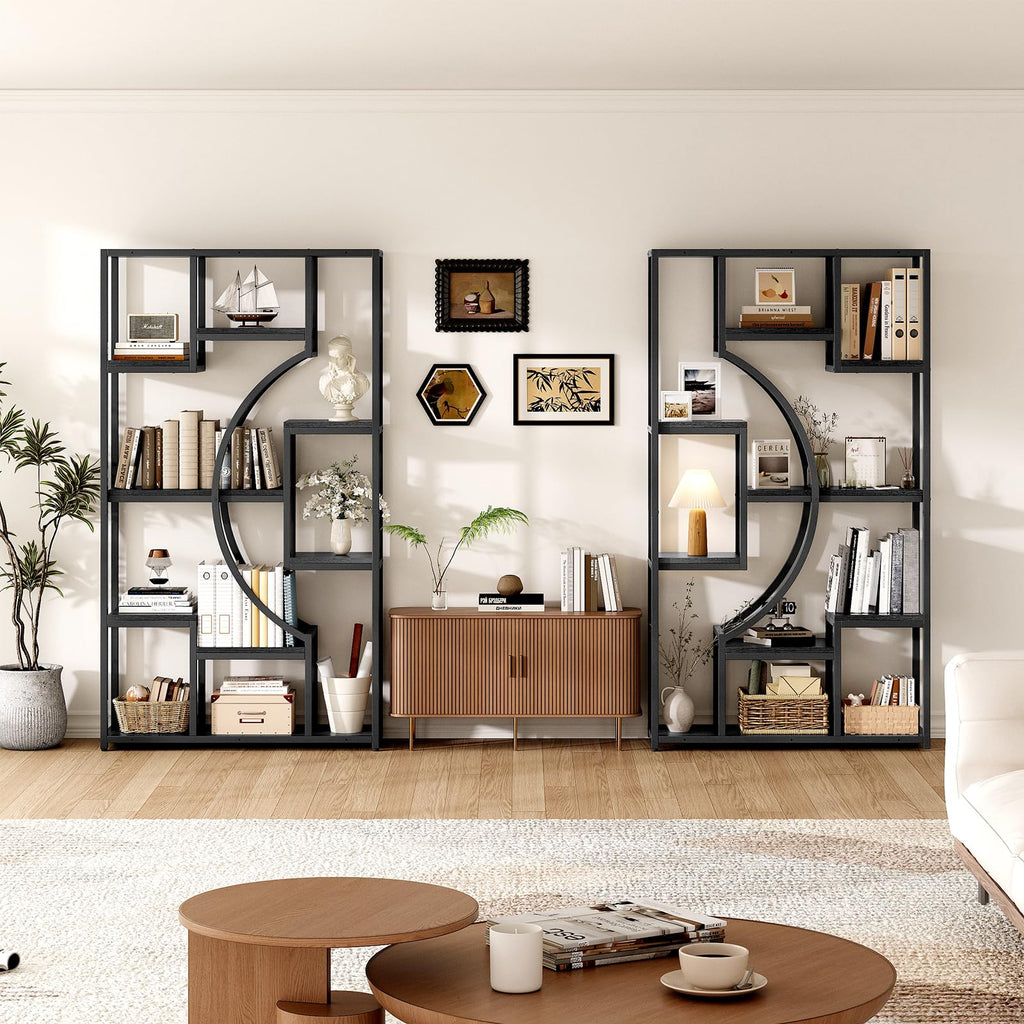 Bookshelf Set of 2 with Metal Frame, 5 Tier Geometric Bookcase, Adjustable Modern Book Shelf with 18 Open Storage Shelves, Display Shelf for Living Room, Office, Bedroom,Black