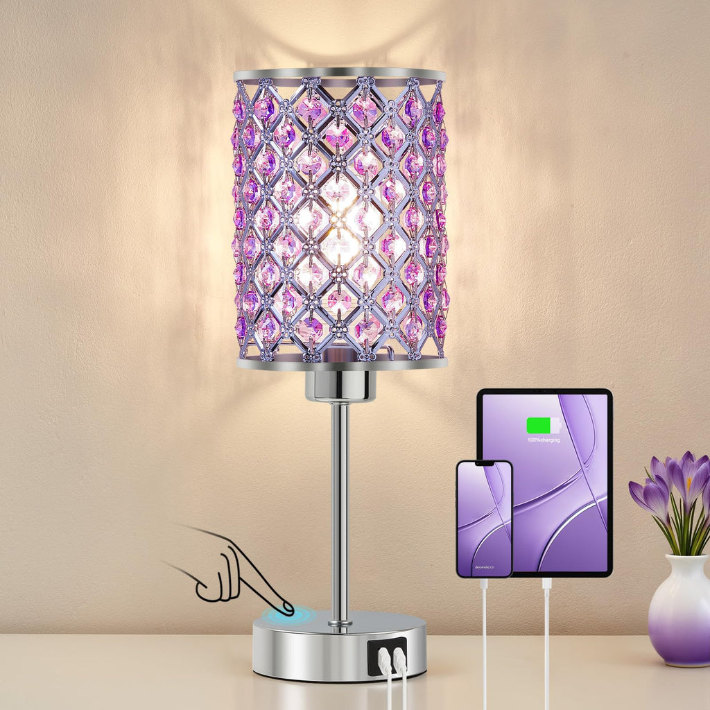 Crystal Table Lamp, Purple Touch Lamp with USB C+A Port, 3-Way Dimmable
