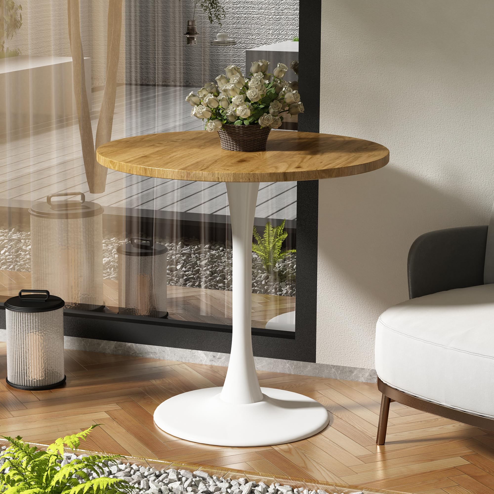 Kasinali Round Dining Table 30" Circle Tulip Table with Wood Thickened Tabletop & Sturdy Metal Pedestal Mid Century Modern Leisure Bistro Kitchen Tables 4 People Small Places Living Room Cafe,Oak