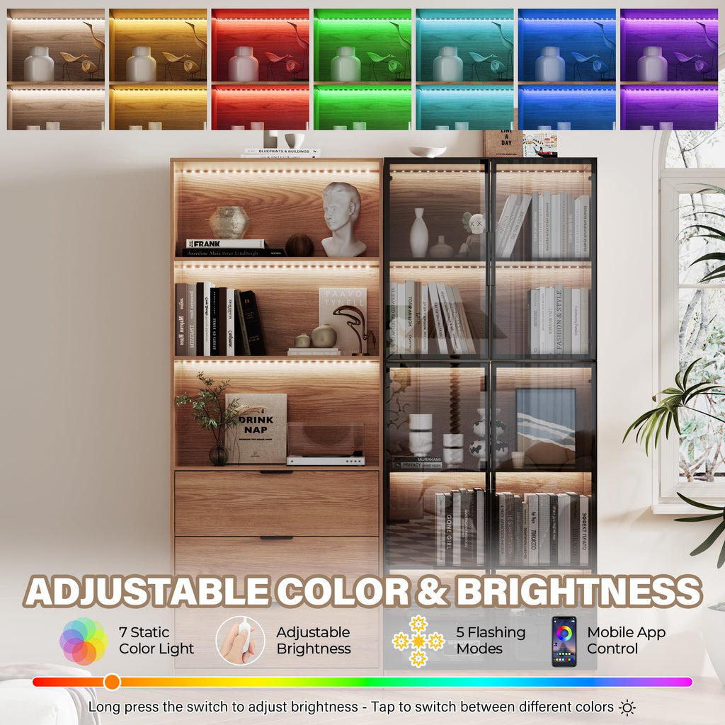 78.7" H Tall Bookcase Storage Cabinet with LED Lights and Drawers, 5 Tier Wood Storage Shelves with Glass Doors, Expandable Bookshelf Display Cabinet for Living Room, Home Office (A+B)