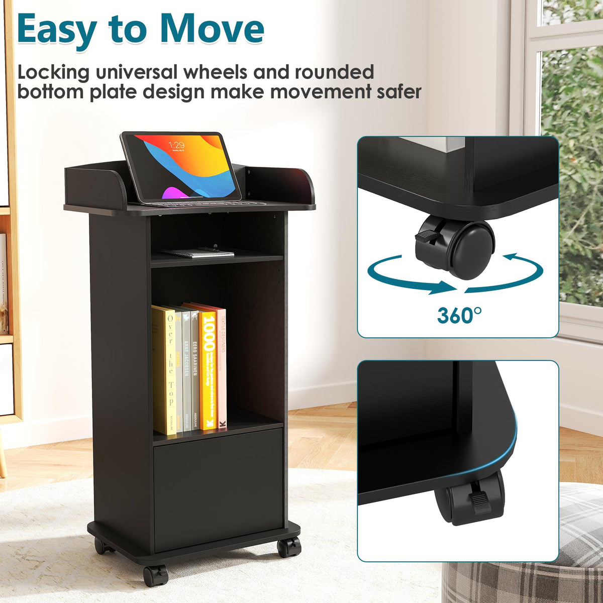 Podium Stand with Wheels Wooden Lectern Podium Stand Portable Pulpit Standing with Storage Mobile Reception Podiums Desk for Church Office School Conference Restaurant Meeting, Black