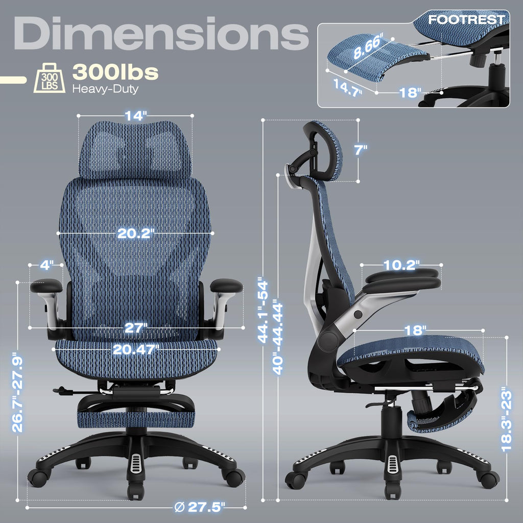 X100 Ergonomic Office Chair with Footrest, Big and Tall Home Desk Chair with 5D Flip-Up Arms, Adjustable 3D Lumbar Support,High Back Rolling Computer Chair, Swivel Mesh Chairs (Oaxaca Blue)