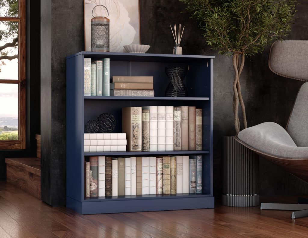 Solid Wood Bookcase - 3-Tier Floor Standing Bookshelf - 36" Short Storage Shelf, 32” W - Navy Blue, Display Furniture for Room, Renewable 100% Eco-Friendly Wood, Made in Brazil