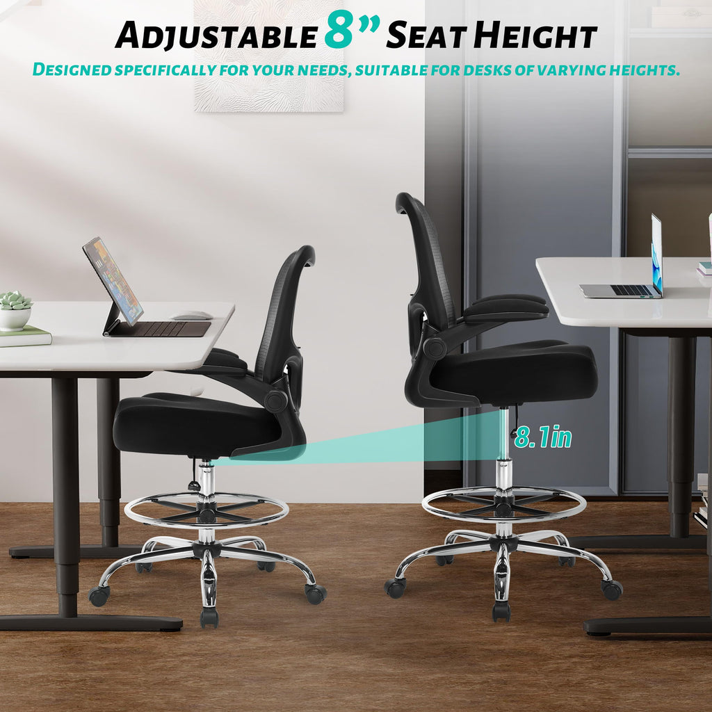 500LBS Ergonomic Drafting Chair Tall Office Chair for Counter Height or Standing Desk, Executive High Office Chairs with W-Shaped Thick Seat Cushion, Footrest Ring & Breathable Fabric, Black