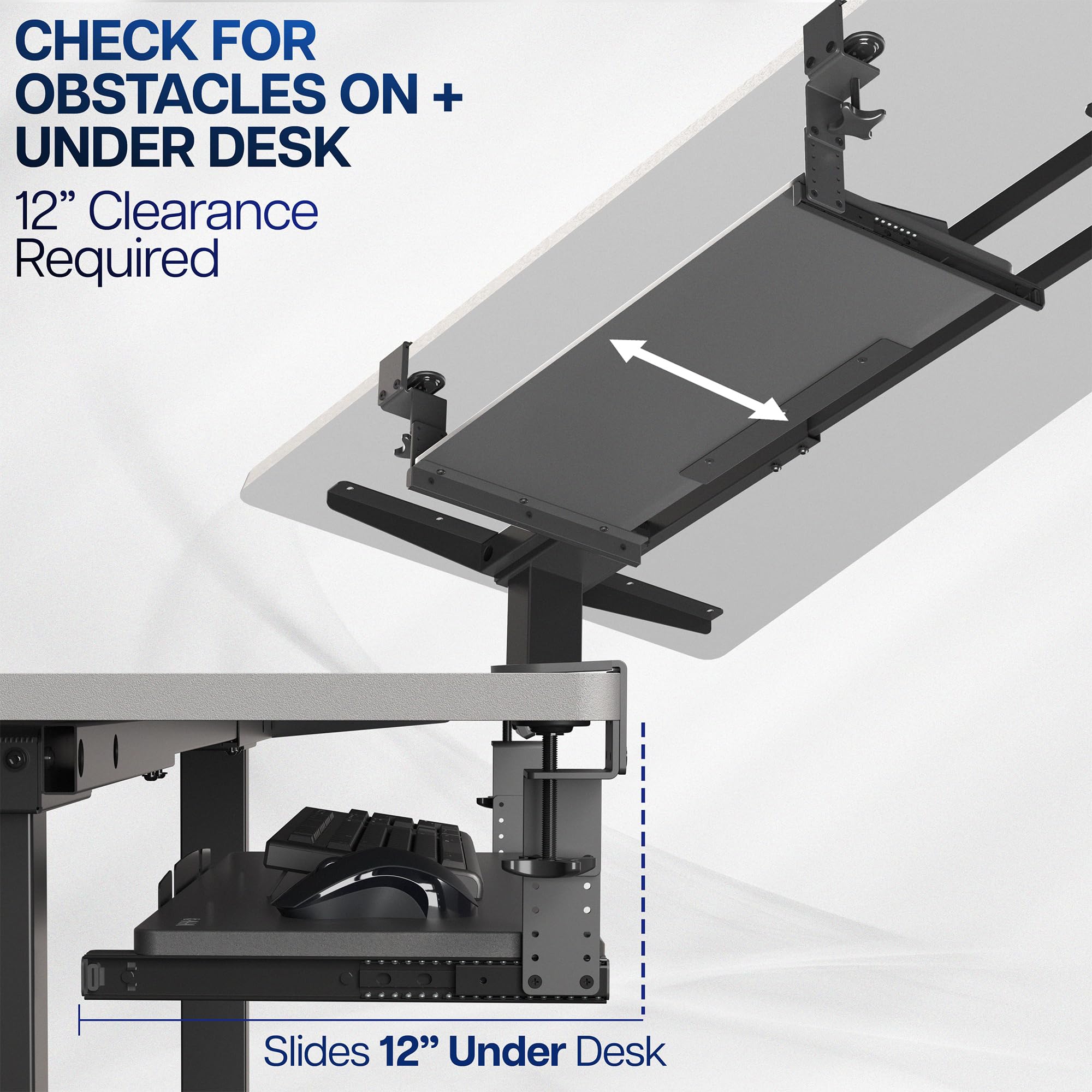 Large Height Adjustable Under Desk Keyboard Tray, C-clamp Mount System, 27 (33 Including Clamps) x 11 inch Slide-Out Platform Computer Drawer for Typing, Dark Walnut, MOUNT-KB05HD