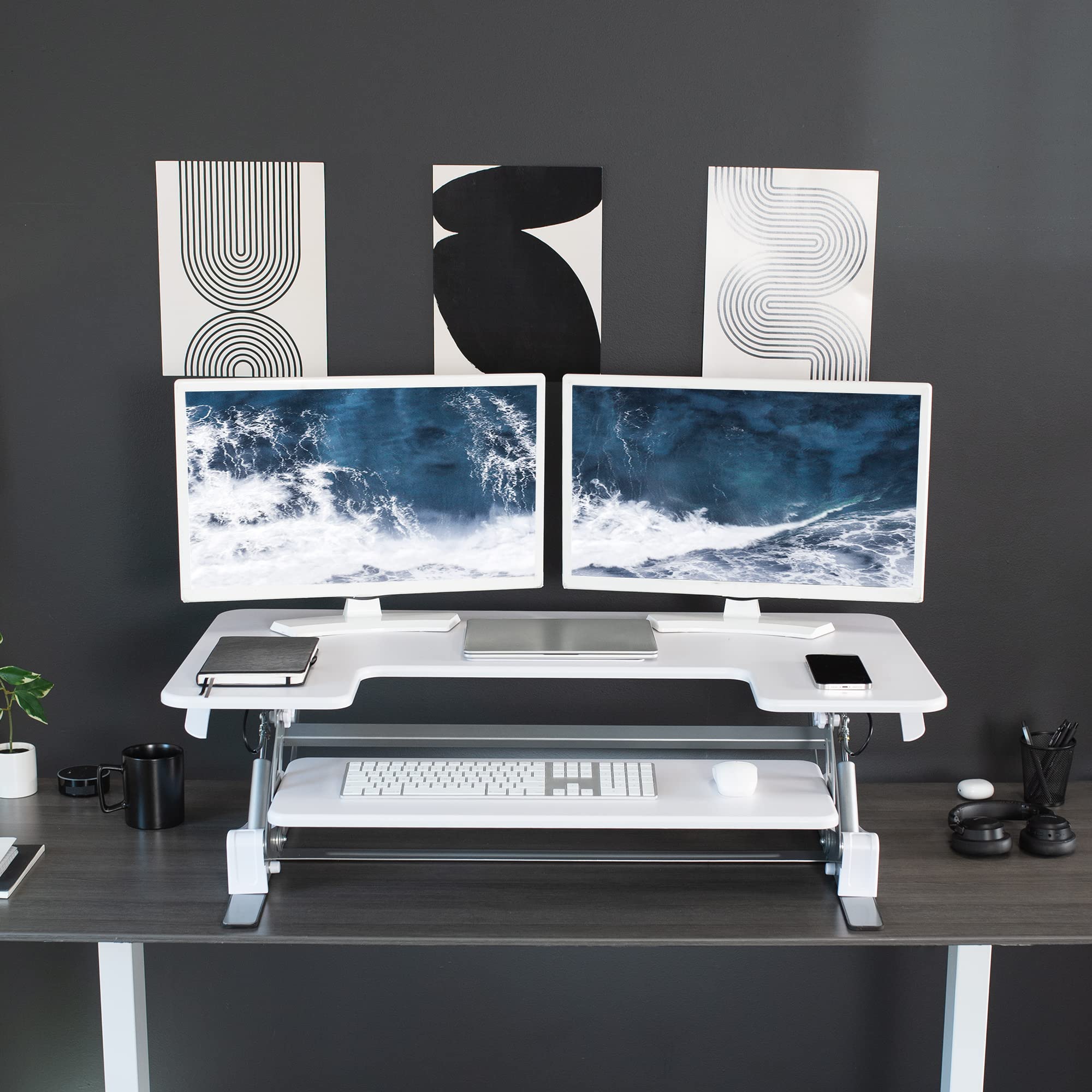 42 inch Height Adjustable Stand Up Desk Converter, V Series, Quick Sit to Stand Tabletop Dual Monitor Riser Workstation, White