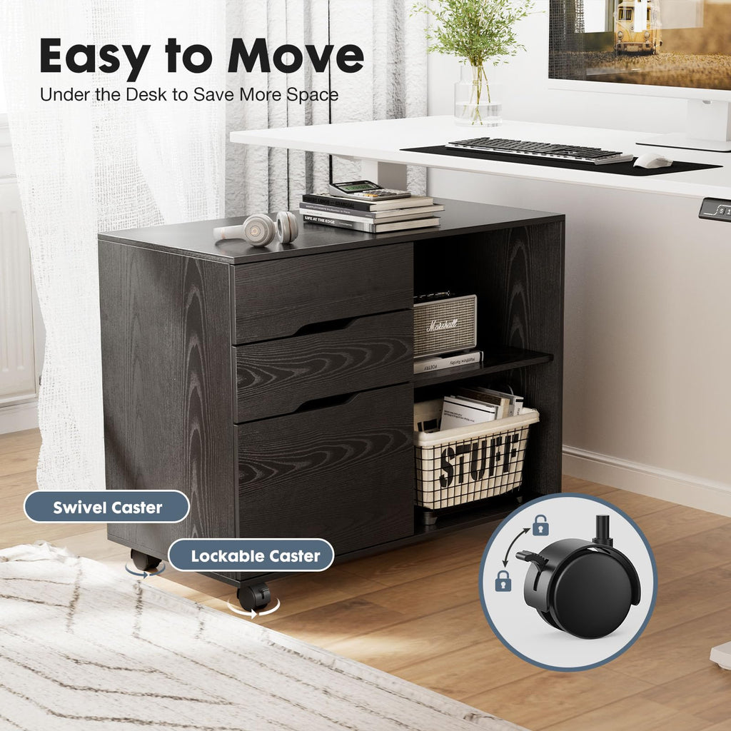 Wood File Cabinet with 3 Drawers, Rolling Printer Stand