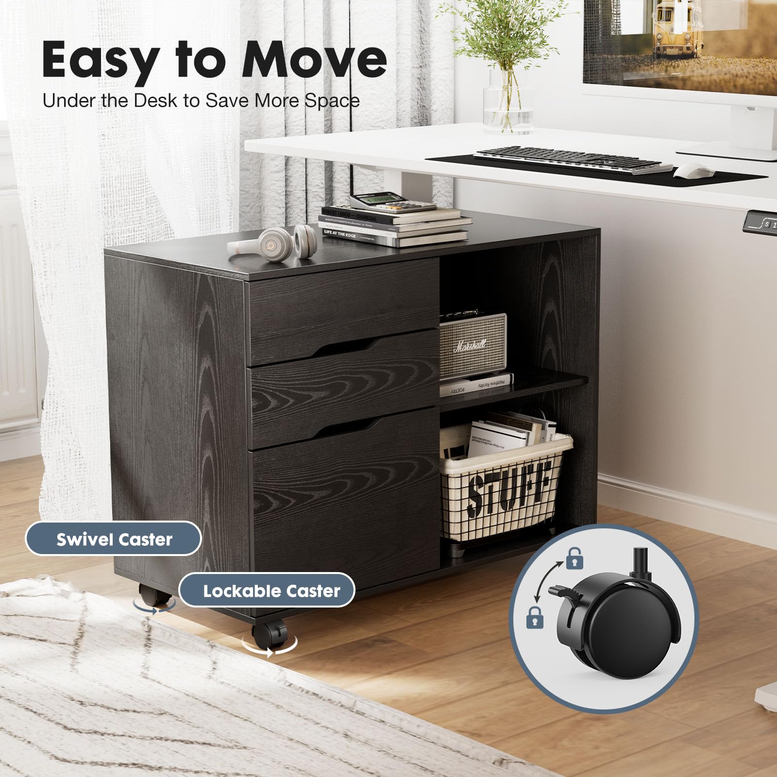 Wood File Cabinet with 3 Drawers, Rolling Printer Stand