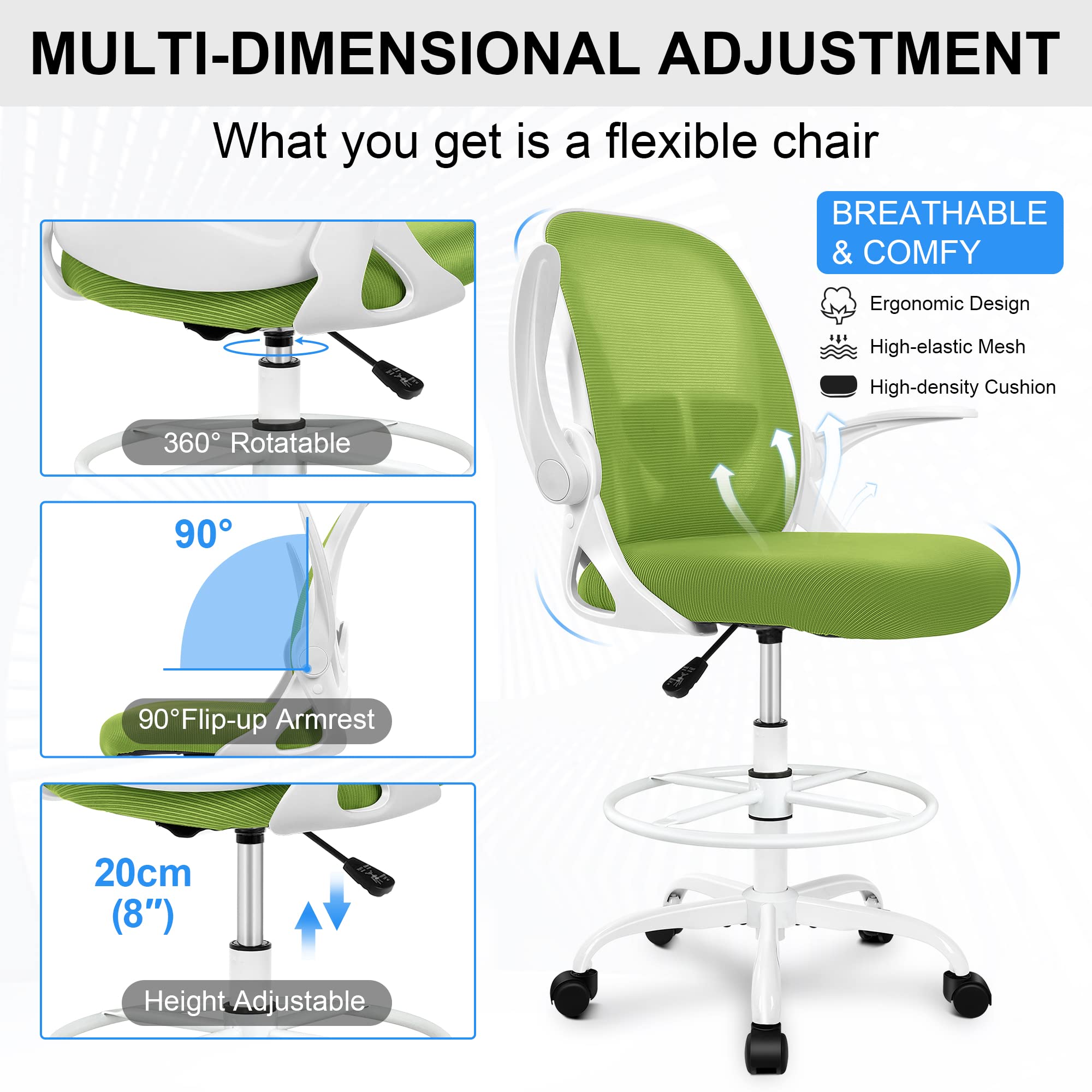 Drafting Chair Tall Office Chair with Flip-up Armrests Executive Ergonomic Computer Standing Desk Chair with Lumbar Support and Adjustable Footrest Ring (Green)