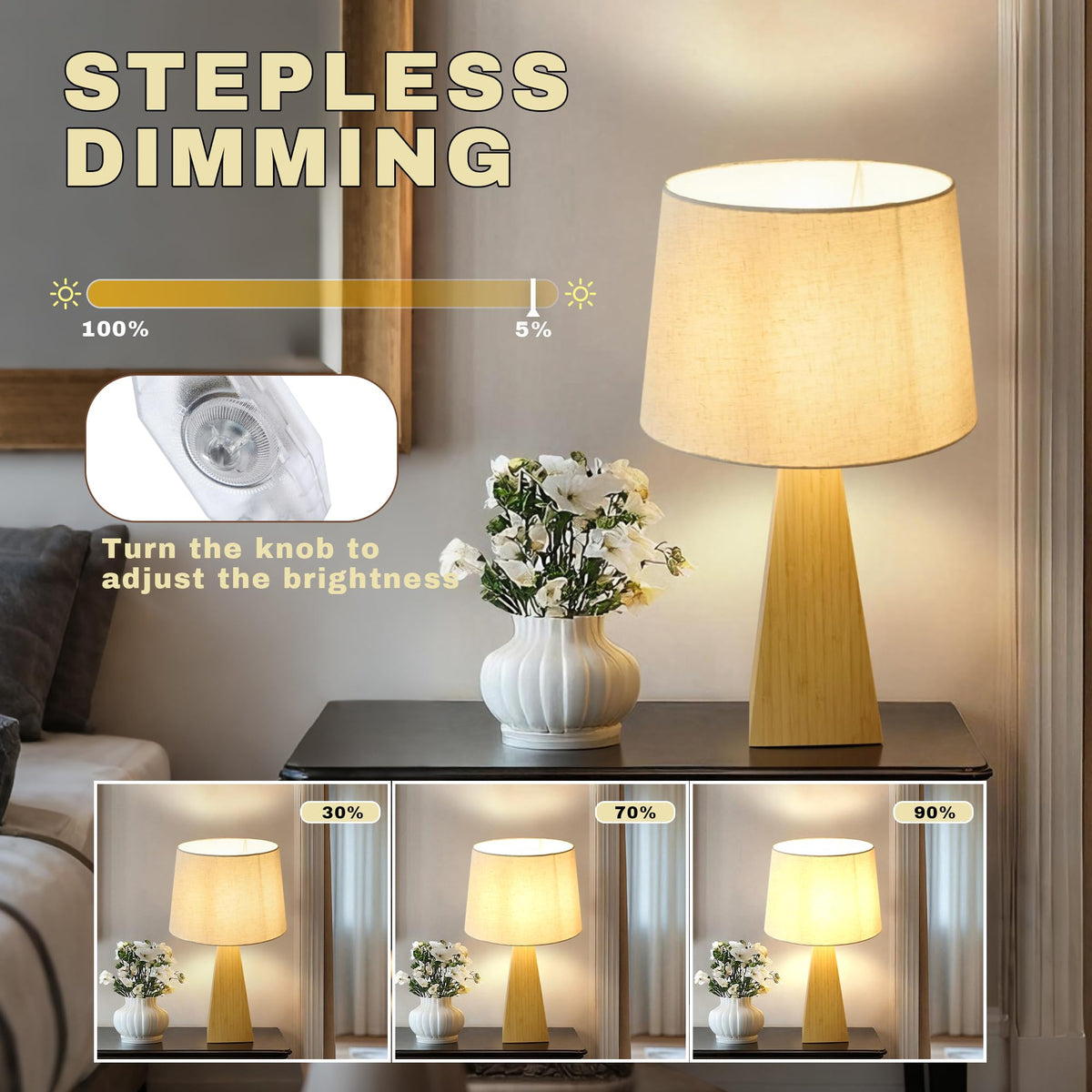 20.3" Bamboo Table Lamp, Dimmable Bedside Lamp for Bedroom Decor