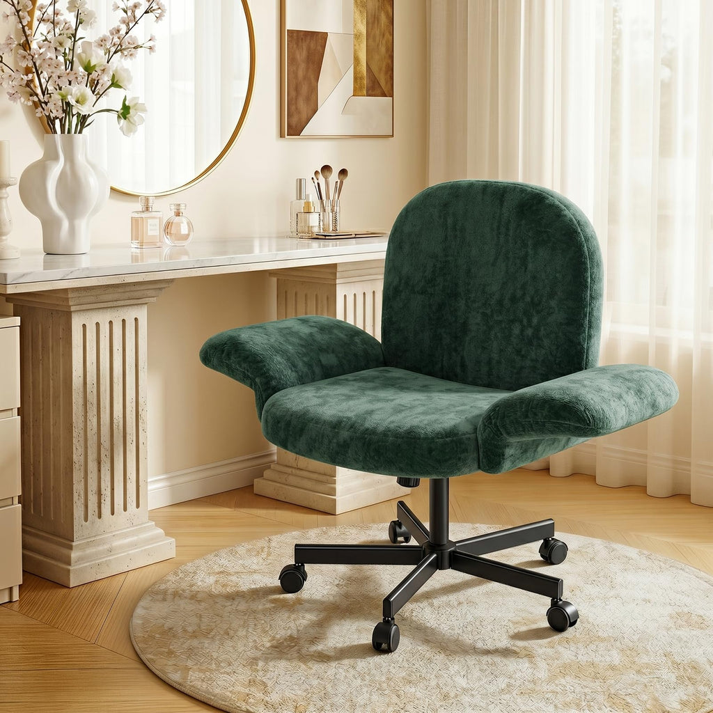 Criss Cross Office Chair with Adjustable Armrests & Wheels, Vanity Chair with Wide Cushion, Reclining Back, Soft Chenille Fabric, Desk Chair for Home Office, Makeup Room, Bedroom, Green