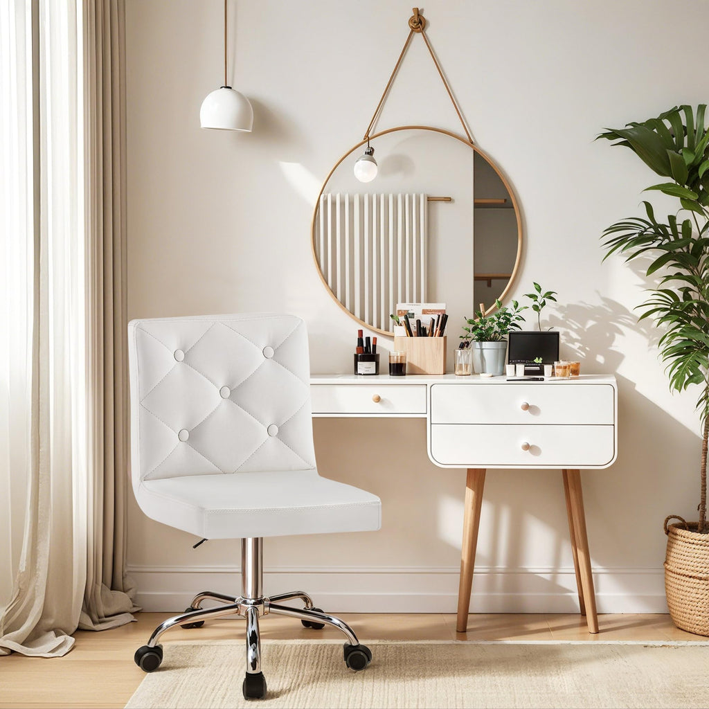 PU Leather Mid-Back Armless Vanity Chair Adjustable Height 360° Rolling Swivel for Office Work, White