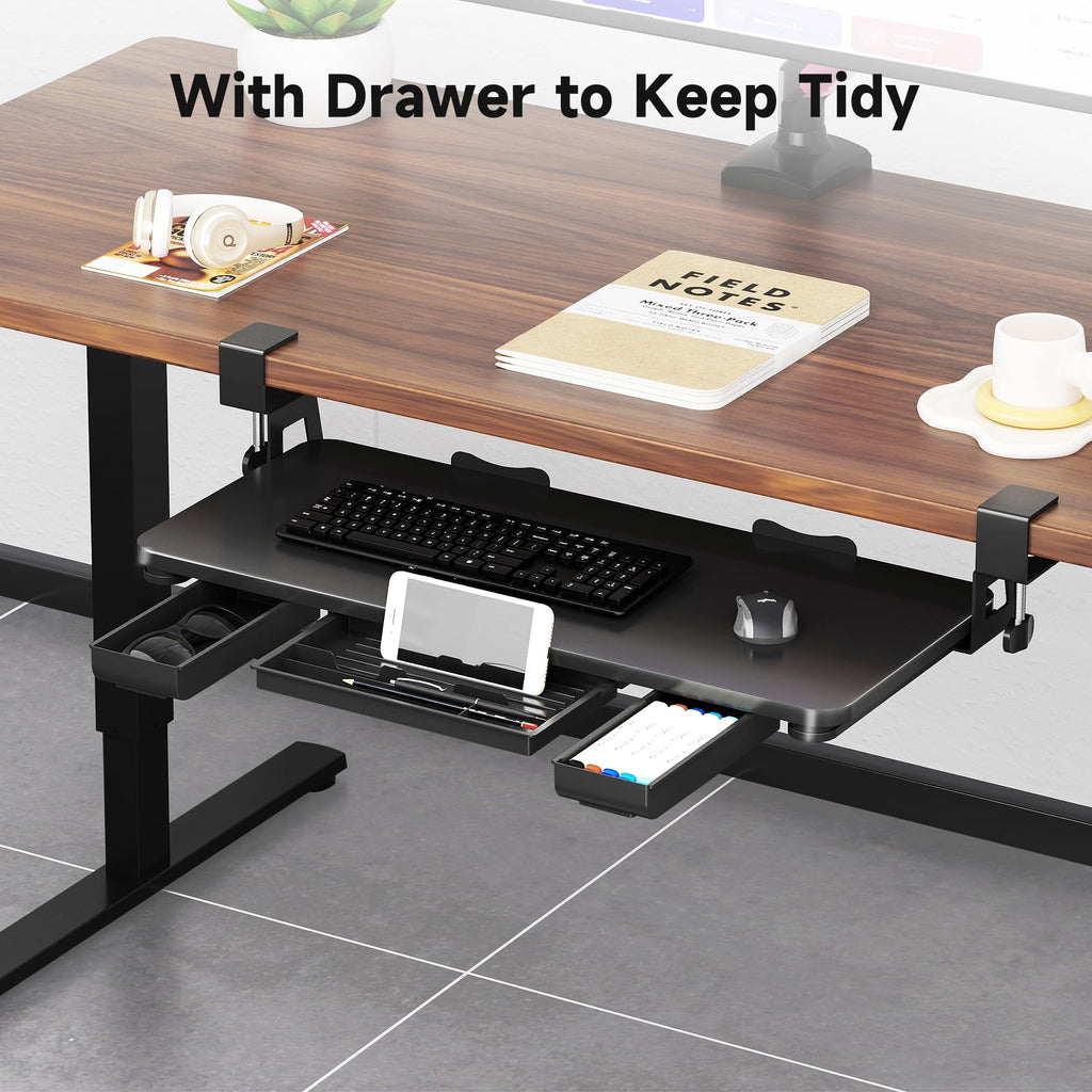 Keyboard Tray Under Desk with Storage Drawer Large C-Clamp 26.7”(31” Including Clamps) x 11.8” Slide-Out Platform Computer Drawer Pull Out Keyboard & Mouse Tray