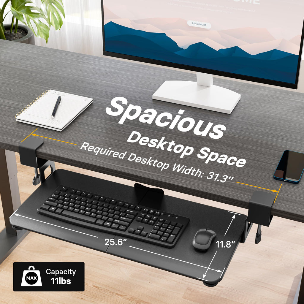 Under Desk Keyboard Tray, Pull-Out Keyboard & Mouse Platform with C-Clamp, 25.6 x 11.8 in Space-Saving Ergonomic Slide-Out Drawer, Black