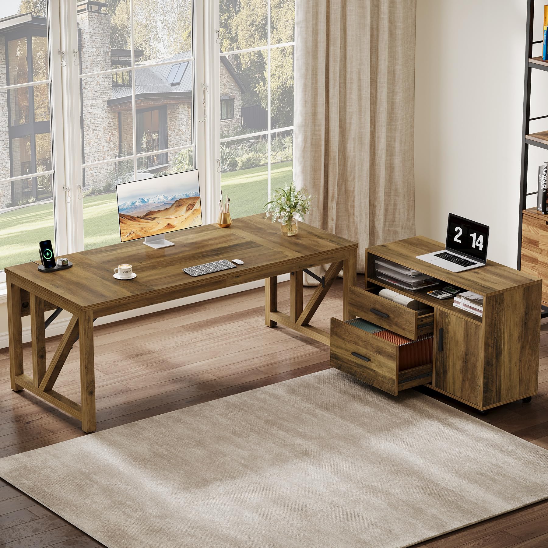 63" Executive Computer Desk and lateral File Cabinet, 2 Piece Home Office Furniture with Drawers for Hanging, Door (Rustic Brown, 63 inches)
