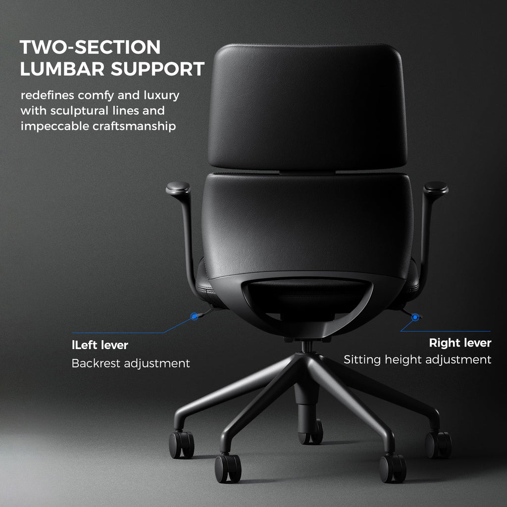 Genuine Leather Office Desk Chair with Wheels, Ergonomic Leather Executive Chair, Mid Back, Swivel Base with Adjustable Tilt, Modern Style, Luxury Aluminum Frame